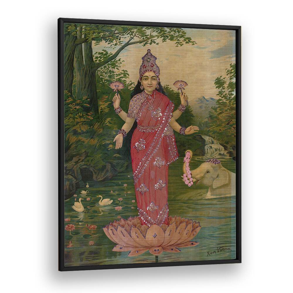 Lakshmi Embellished By Raja Ravi Varma Indian Paintings in Black Plain Frame