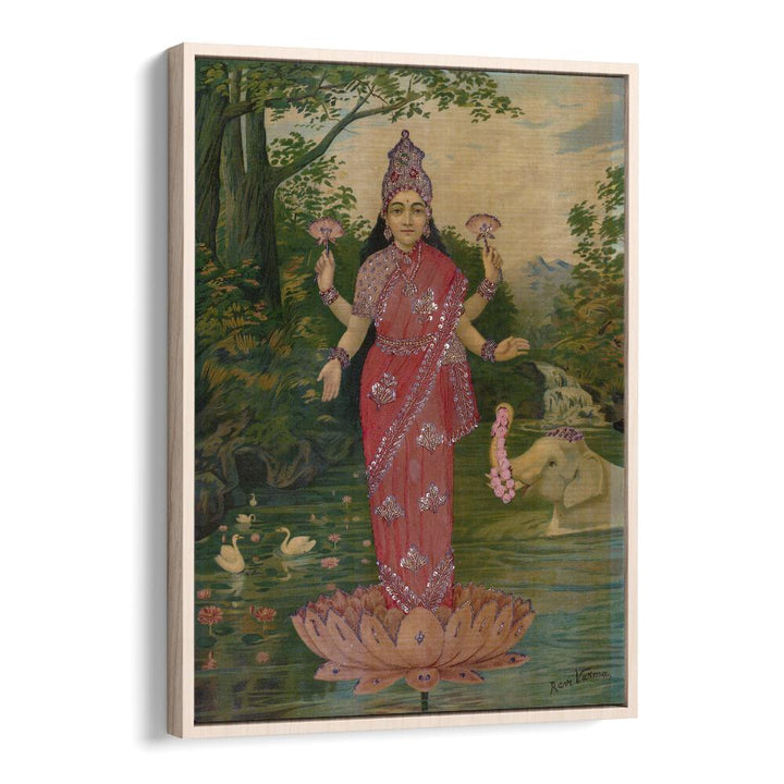 Lakshmi Embellished By Raja Ravi Varma Indian Paintings in Oak Wood Floater Frame