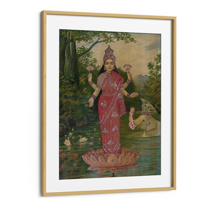 Lakshmi Embellished By Raja Ravi Varma Indian Paintings in Oak Wood Frame With Mount