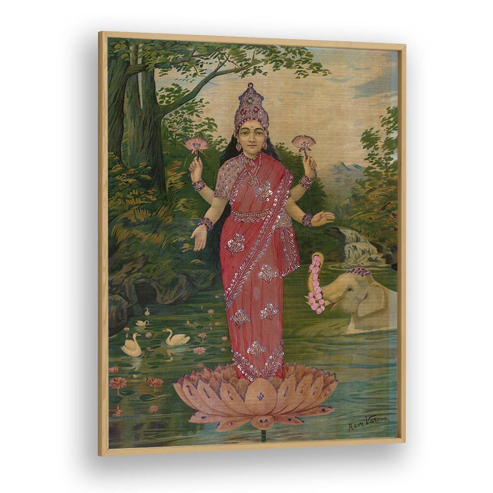 Lakshmi Embellished By Raja Ravi Varma Indian Paintings in Oak Wood Plain Frame