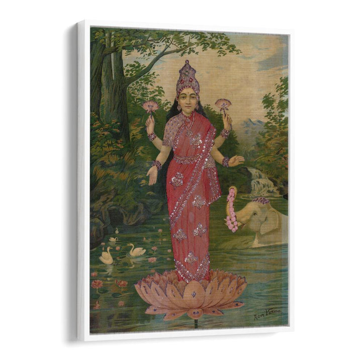 Lakshmi Embellished By Raja Ravi Varma Indian Paintings in White Floater Frame