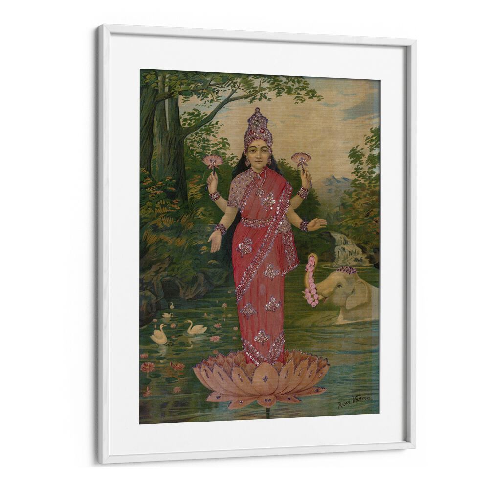 Lakshmi Embellished By Raja Ravi Varma Indian Paintings in White Frame With Mount