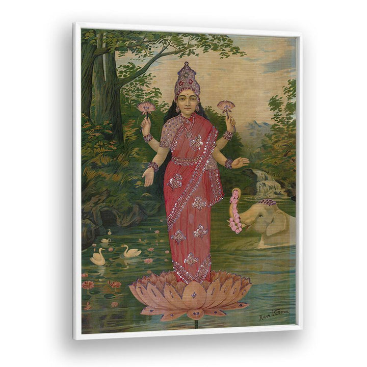 Lakshmi Embellished By Raja Ravi Varma Indian Paintings in White Plain Frame