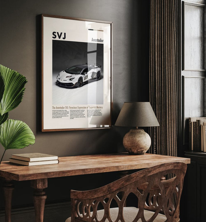 Lamborghini Aventador SVJ Car Posters Automotive Wall Art Prints in Dark Wood Plain Frame placed on a Dark Brown Colored Wall Above a Study Table in a Workspace in the Drawing Room