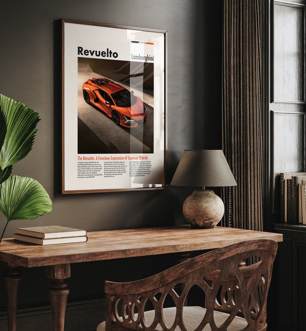 Lamborghini Revuelto Car Posters Automotive Wall Art Prints in Dark Wood Plain Frame placed on a Dark Brown Colored Wall Above a Study Table in a Workspace in the Drawing Room