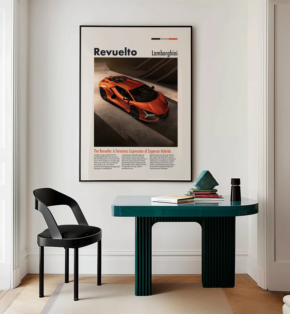 Lamborghini Revuelto Car Posters Automotive Wall Art Prints in Black Plain Frame placed on a Cream Colored Wall near a Study Table in a Workspace in the Drawing Room