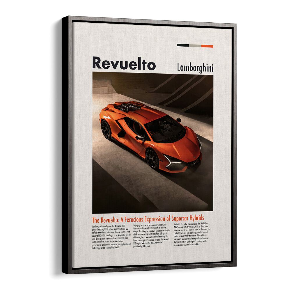 Lamborghini Revuelto Car Posters Automotive Wall Art Prints in Black Floater Frame