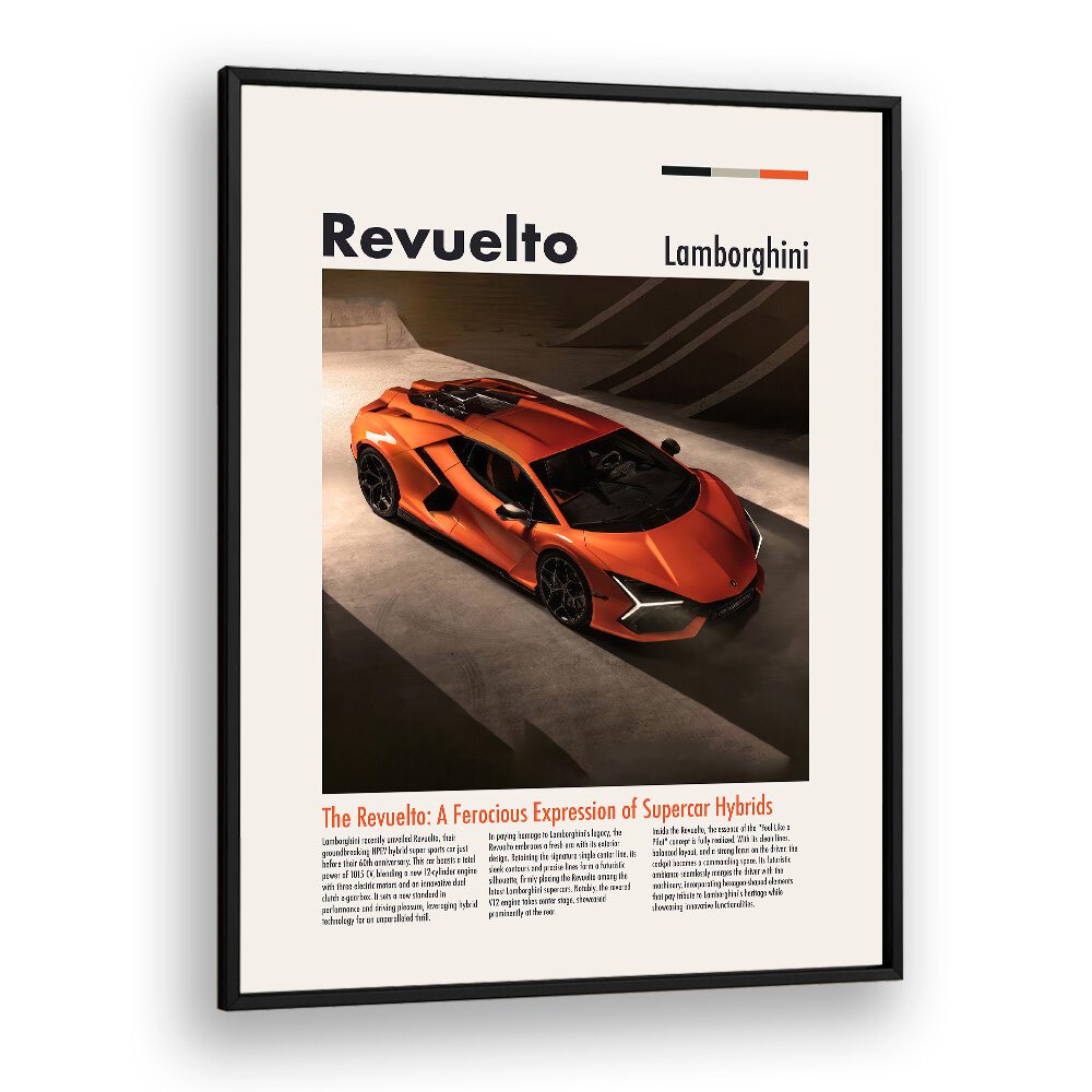 Lamborghini Revuelto Car Posters Automotive Wall Art Prints in Black Plain Frame