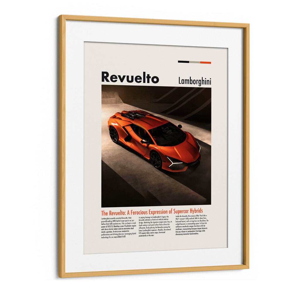 Lamborghini Revuelto Car Posters Automotive Wall Art Prints in Oak Wood Frame With Mount