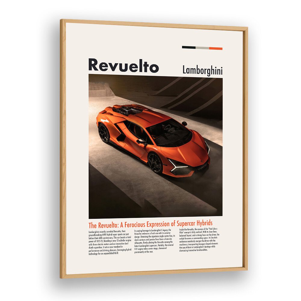 Lamborghini Revuelto Car Posters Automotive Wall Art Prints in Oak Wood Plain Frame