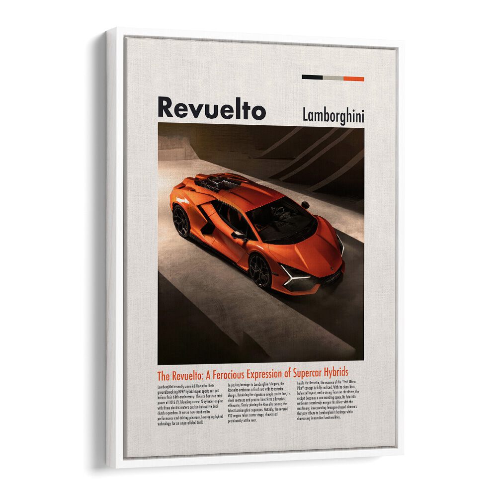 Lamborghini Revuelto Car Posters Automotive Wall Art Prints in White Floater Frame