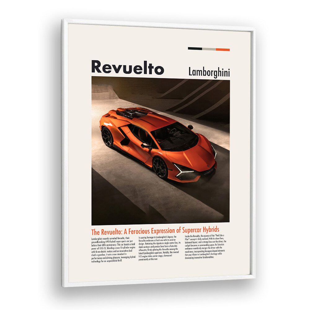 Lamborghini Revuelto Car Posters Automotive Wall Art Prints in White Plain Frame