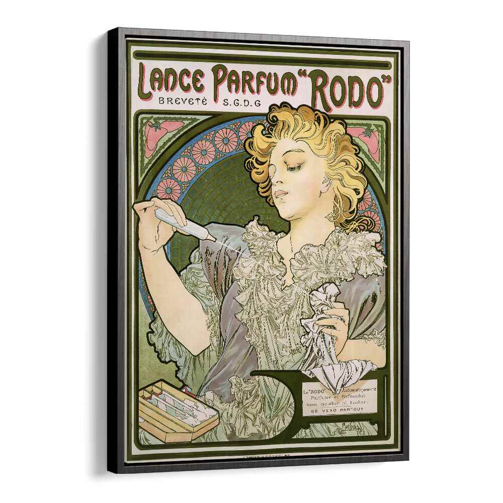 Lance Parfum Rodo 1896 By Alphonse Mucha Vintage Paintings in Black Floater Frame