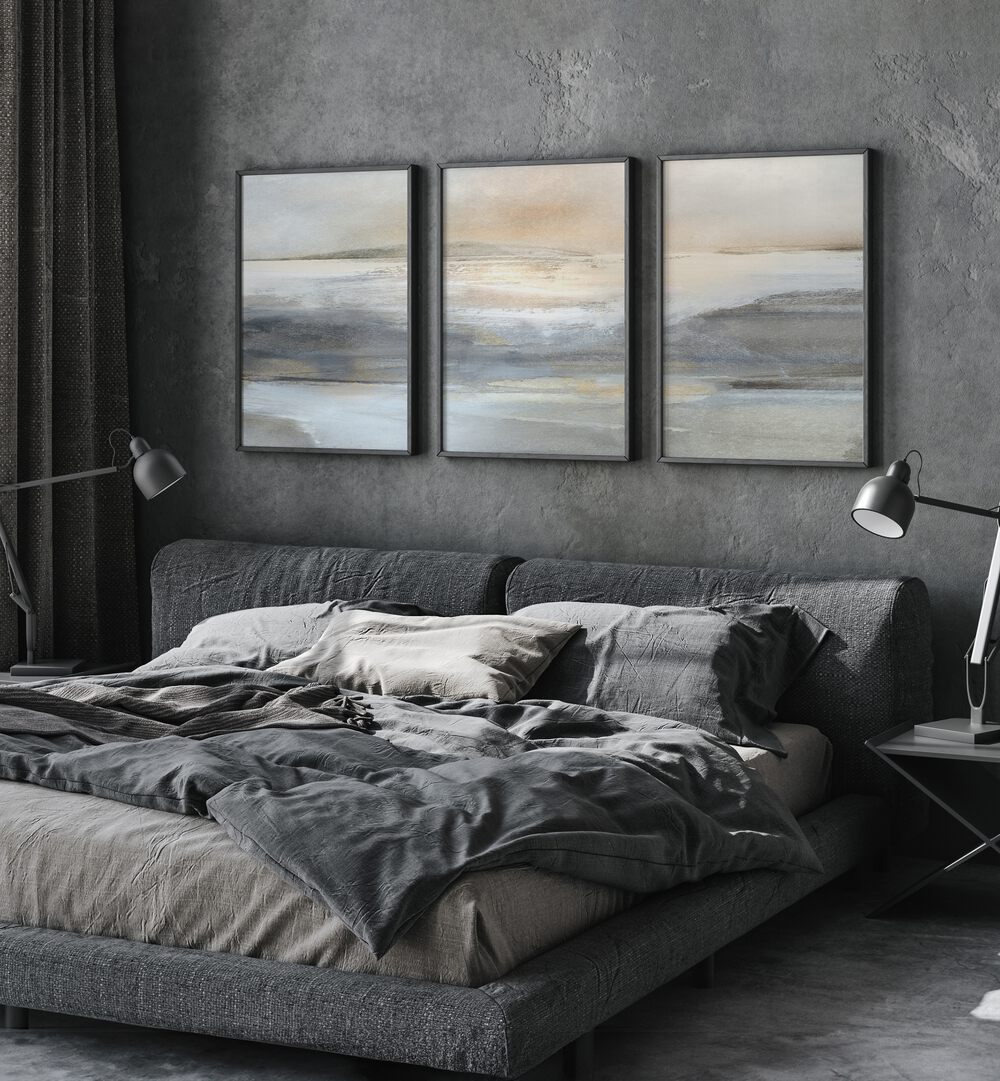 Landscape Abstraction Set Set Of 3 Paintings in Black Plain Frame placed on a grey wall behind a bed for bedroom