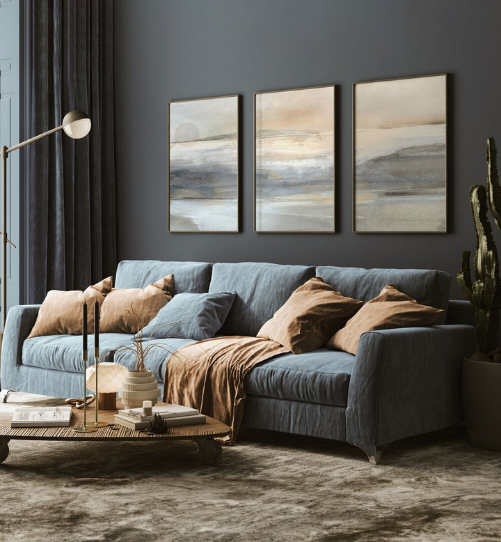 Landscape Abstraction Set Set Of 3 Paintings in Dark Wood Plain Frame placed on a living room wall behind a sofa