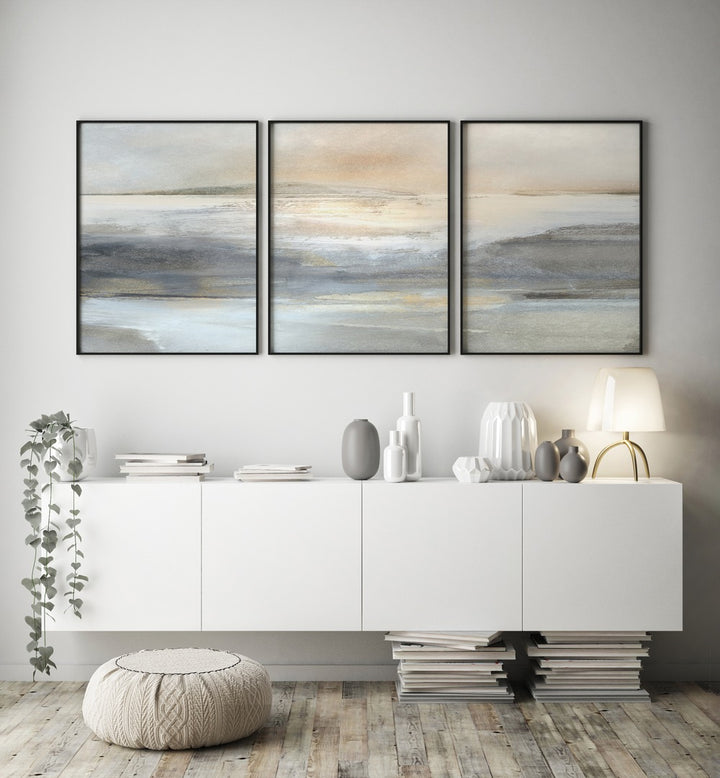 Landscape Abstraction Set Set Of 3 Paintings in Black Plain Frame placed on a white wall behind a white console table