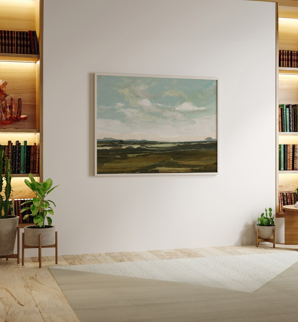 Landscape By Dan Hobday Landscape Art Prints Landscape Paintings in Oak Wood Plain Frame placed on a Cream Colored Wall in the Drawing Room