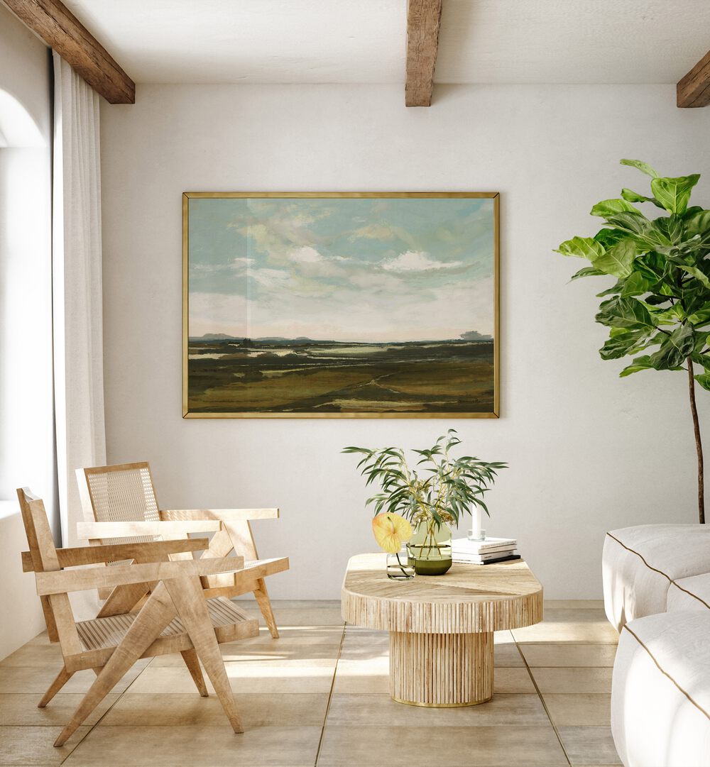 Landscape By Dan Hobday Landscape Art Prints Landscape Paintings in Oak Wood Plain Frame placed on a White Colored Wall in the Drawing Room