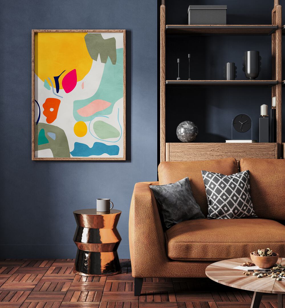 Landscape Inspired Cut Out By Ana Rut Bre Abstract Art Abstract Wall Art in Oak Wood Plain Frame placed on a wall beside a sofa