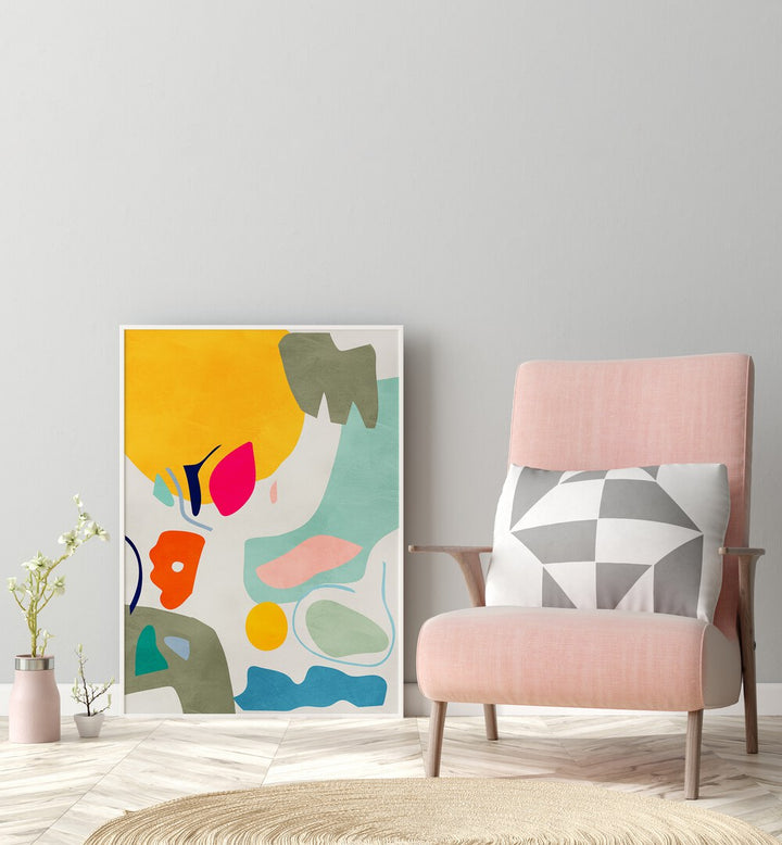 Landscape Inspired Cut Out By Ana Rut Bre Abstract Art Abstract Wall Art in White Plain Frame placed on the floor beside a chair