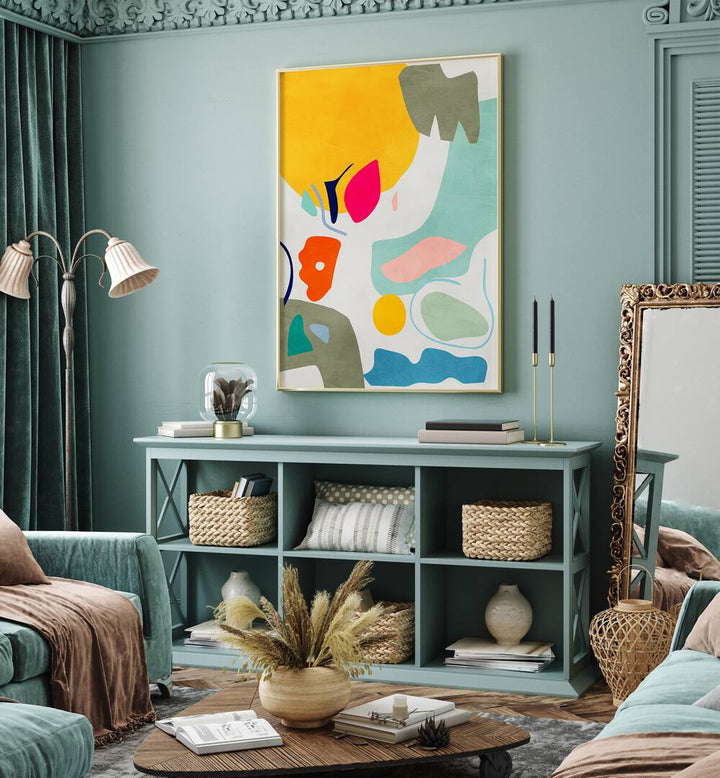 Landscape Inspired Cut Out By Ana Rut Bre Abstract Art Abstract Wall Art in White Plain Frame placed on a wall behind a console table