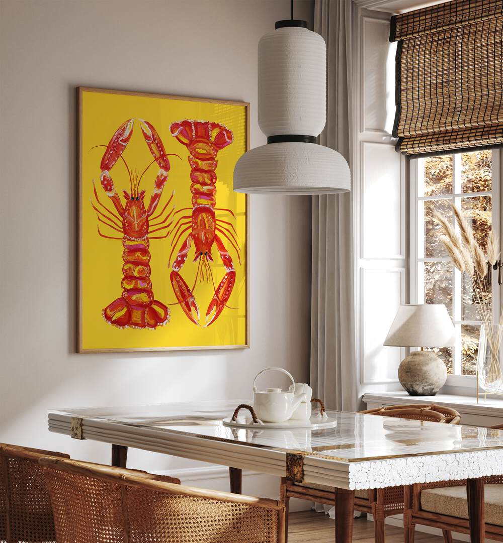 Langoustines On Yellow  By Alice Straker Cafe Art Prints Cafe Posters in Oak Wood Plain Frame placed on a White Colored Wall near a Dining Table in the Dining Room