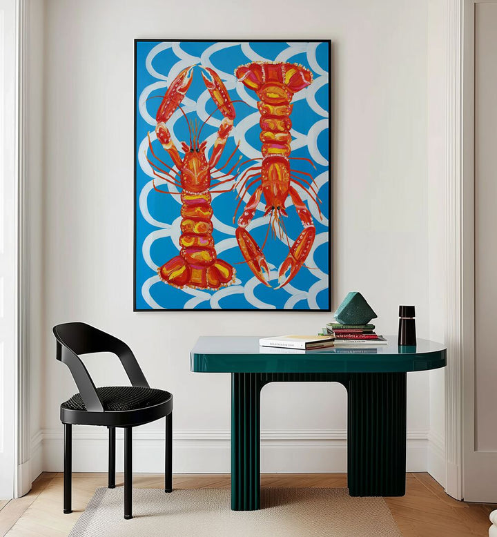 Langoustines on Blue by Alice Straker Cafe Art Prints Cafe Posters in Black Plain Frame placed on a wall behind a study table