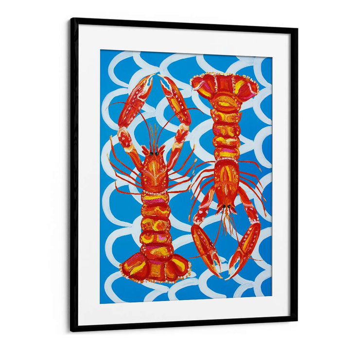 Langoustines on Blue by Alice Straker Cafe Art Prints Cafe Posters in Black Frame With Mount