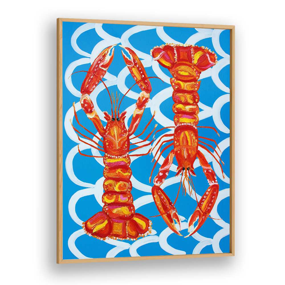 Langoustines on Blue by Alice Straker Cafe Art Prints Cafe Posters in Oak Wood Plain Frame