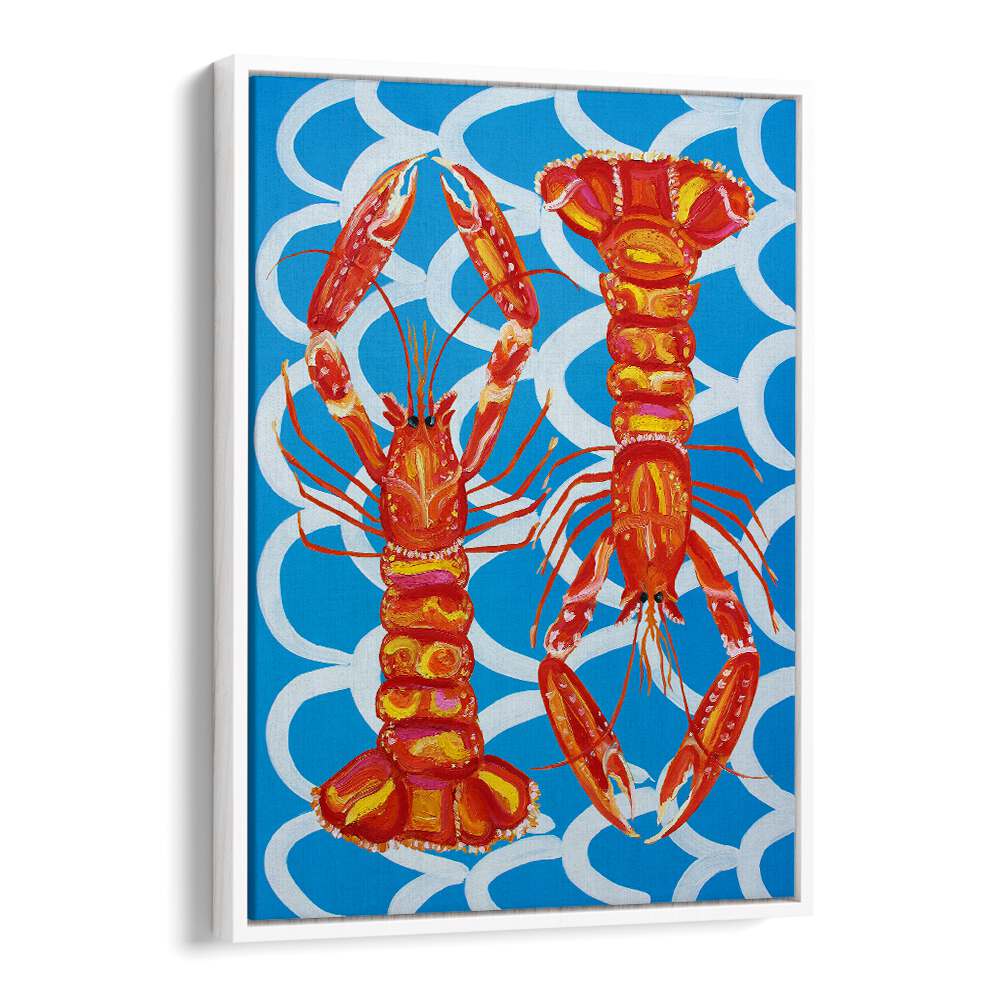 Langoustines on Blue by Alice Straker Cafe Art Prints Cafe Posters in White Floater Frame