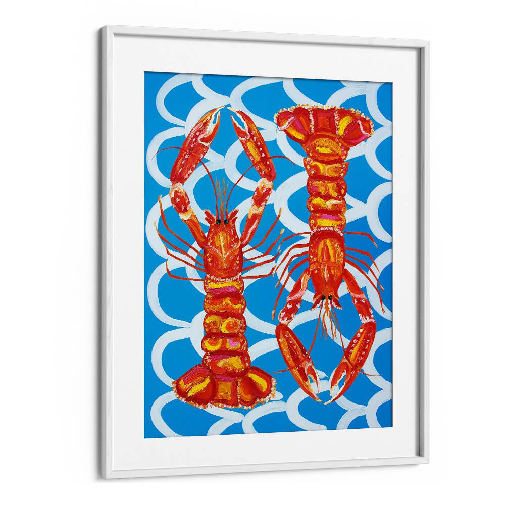 Langoustines on Blue by Alice Straker Cafe Art Prints Cafe Posters in White Frame With Mount