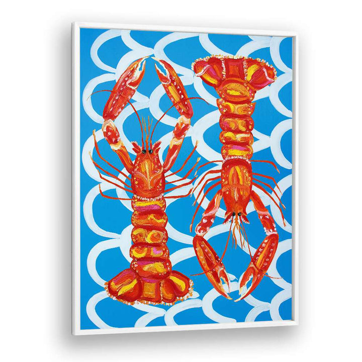 Langoustines on Blue by Alice Straker Cafe Art Prints Cafe Posters in White Plain Frame