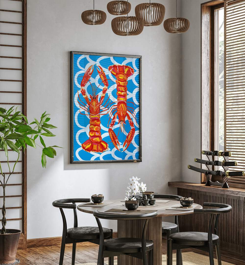 Langoustines on Blue by Alice Straker Cafe Art Prints Cafe Posters in Black Plain Frame placed on a wall in a dining room area beside a window and behind a dining table