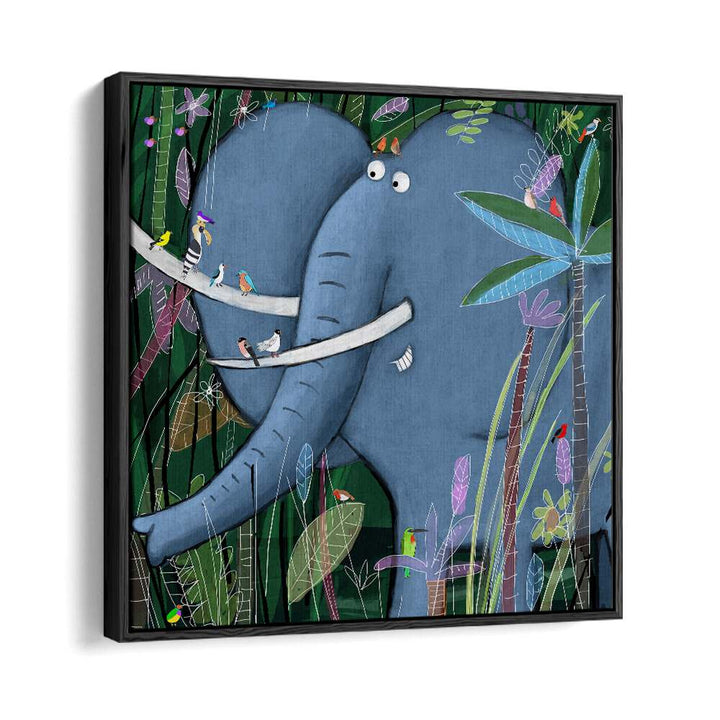 Large Elephant Peeks Out Of The Jungle By Carla Daly Kids Room Art in Black Floater Frame