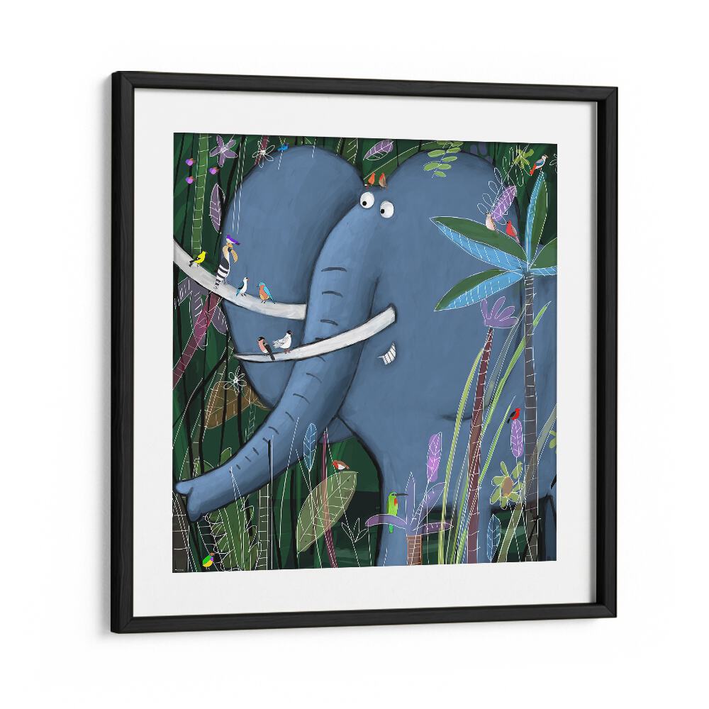 Large Elephant Peeks Out Of The Jungle By Carla Daly Kids Room Art in Black Frame With Mount