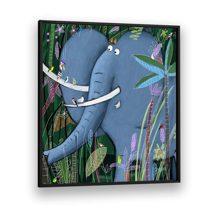 Large Elephant Peeks Out Of The Jungle By Carla Daly Kids Room Art in Black Plain Frame