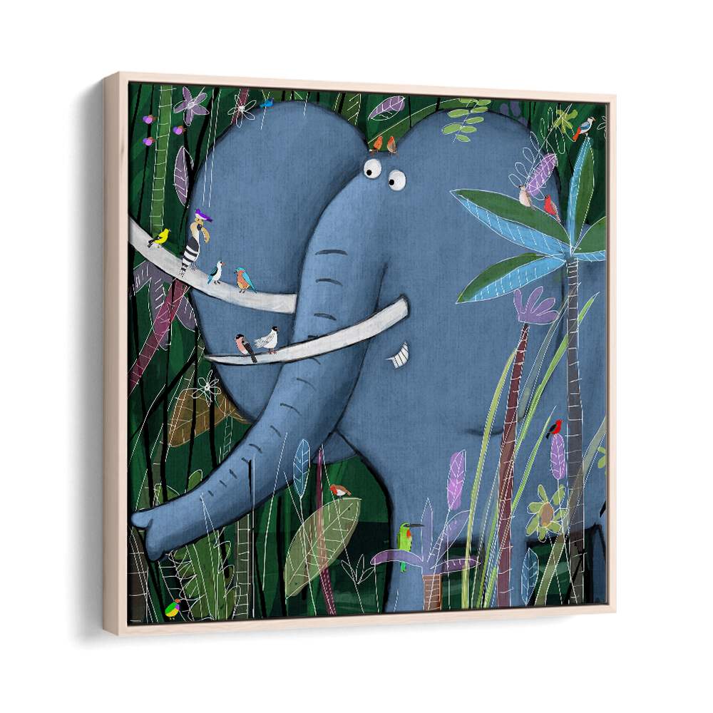 Large Elephant Peeks Out Of The Jungle By Carla Daly Kids Room Art in Oak Wood Floater Frame