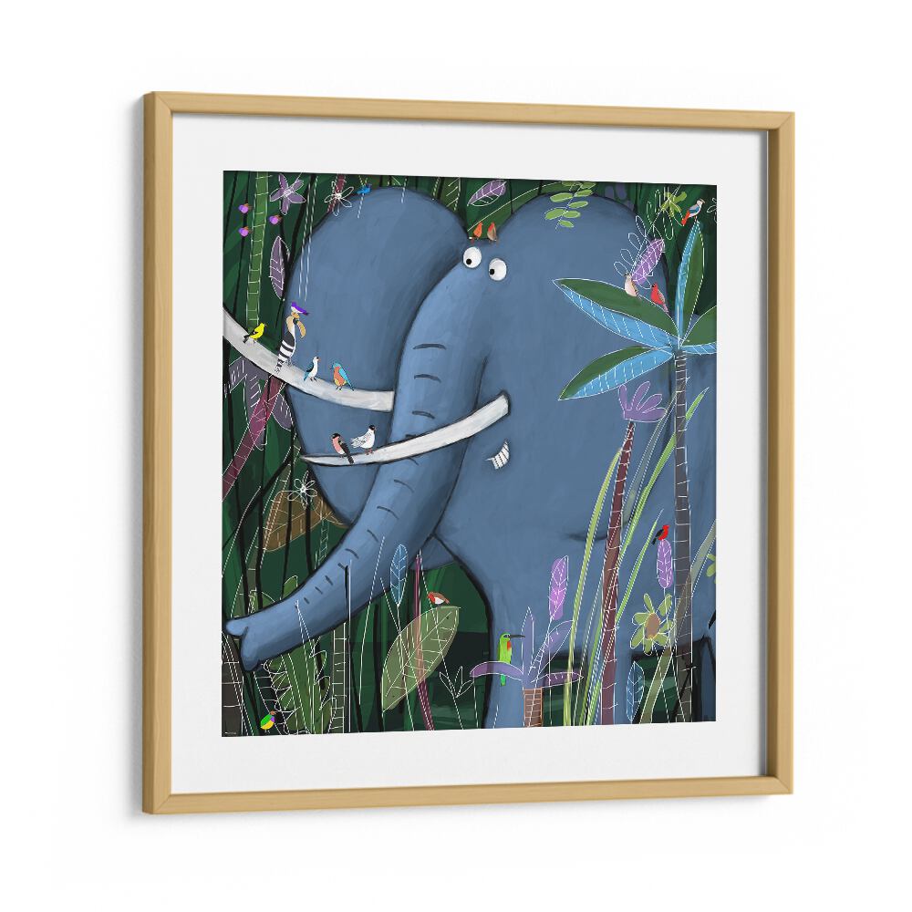 Large Elephant Peeks Out Of The Jungle By Carla Daly Kids Room Art in Oak Wood Frame With Mount