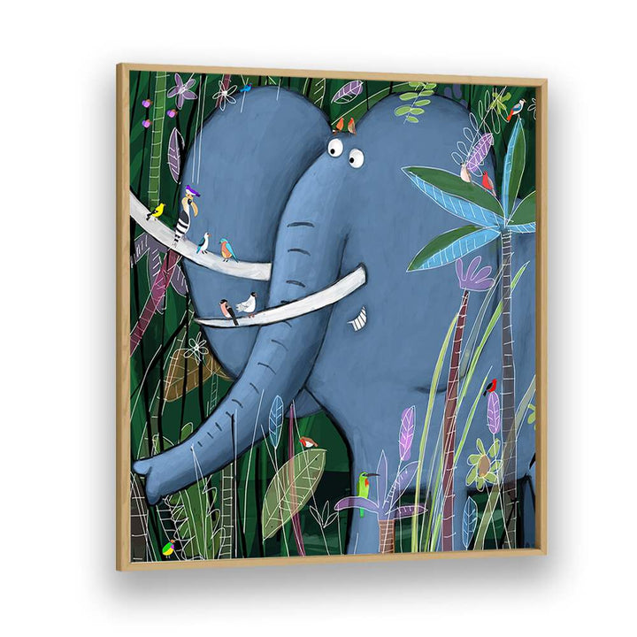 Large Elephant Peeks Out Of The Jungle By Carla Daly Kids Room Art in Oak Wood Plain Frame