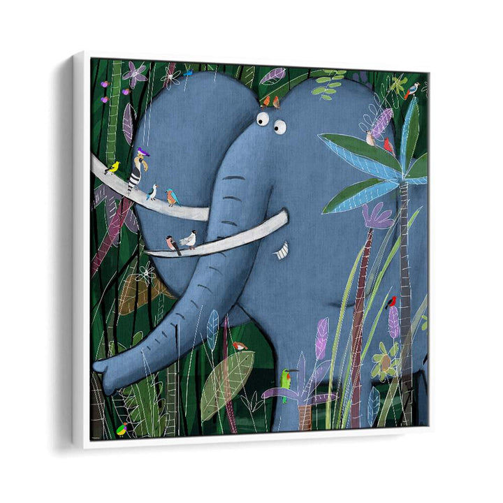 Large Elephant Peeks Out Of The Jungle By Carla Daly Kids Room Art in White Floater Frame