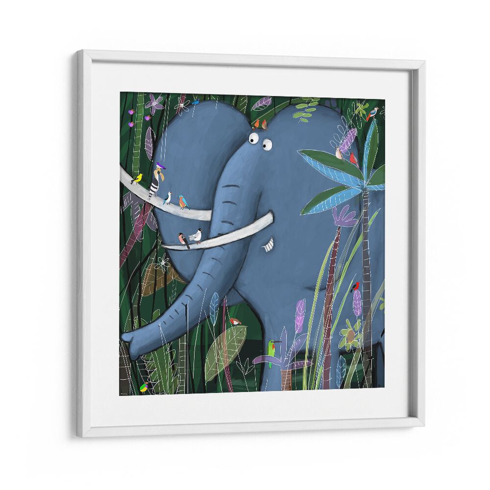 Large Elephant Peeks Out Of The Jungle By Carla Daly Kids Room Art in White Frame With Mount