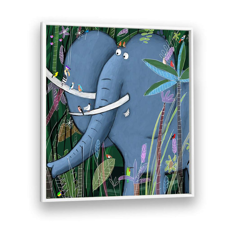 Large Elephant Peeks Out Of The Jungle By Carla Daly Kids Room Art in White Plain Frame