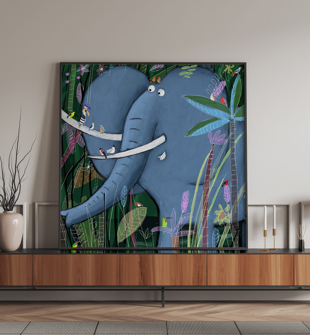 Large Elephant Peeks Out Of The Jungle By Carla Daly Kids Room Art Art placed on a wall
