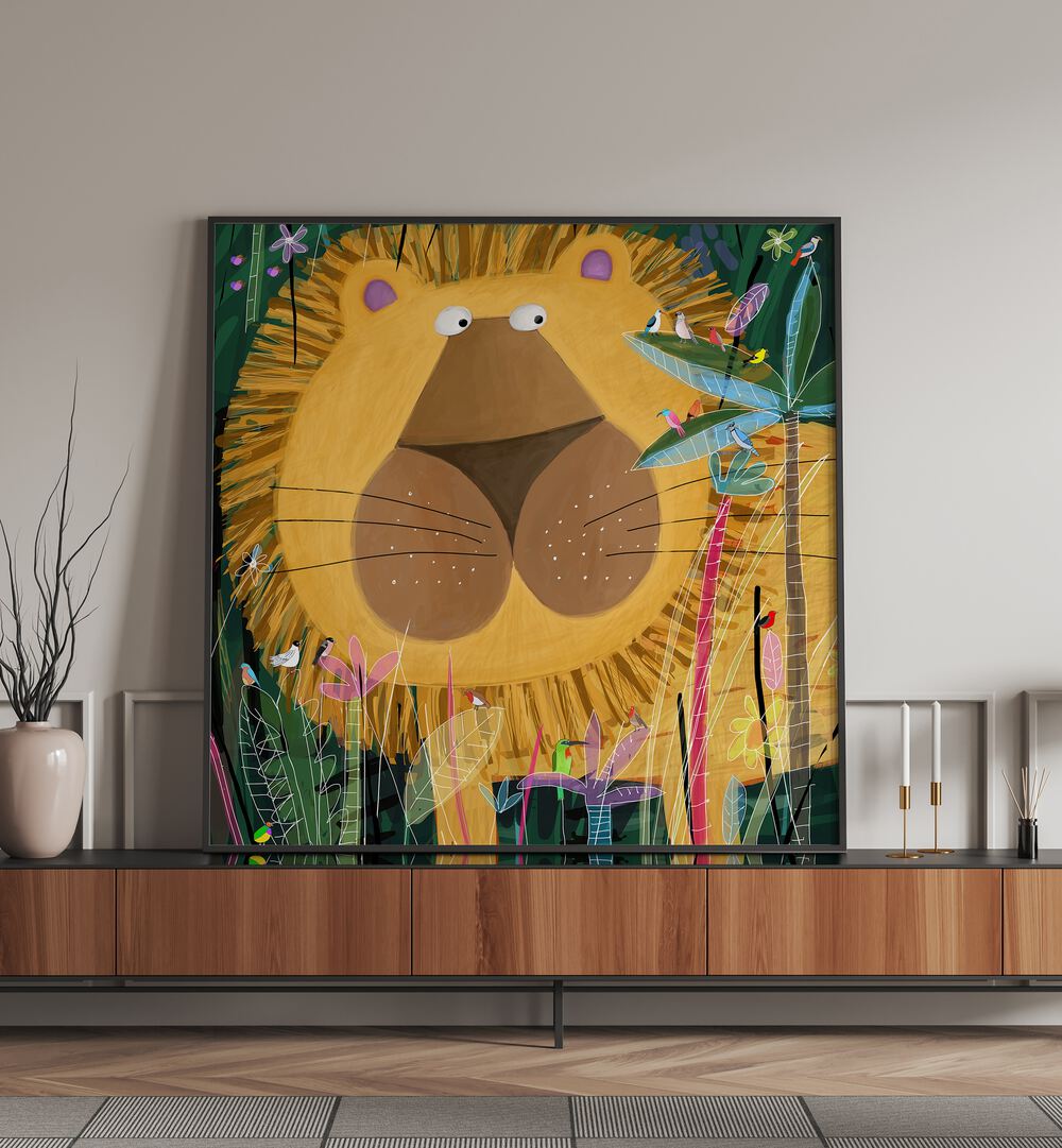 Large Lion Peeks Out Of The Jungle Foliage By Carla Daly Kids Room Art placed on a wall
