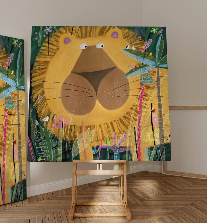 Large Lion Peeks Out Of The Jungle Foliage By Carla Daly Kids Room Art placed on a wall