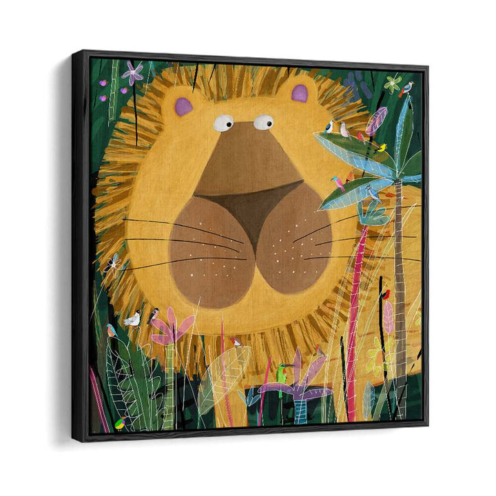 Large Lion Peeks Out Of The Jungle Foliage By Carla Daly Kids Room Art in Black Floater Frame