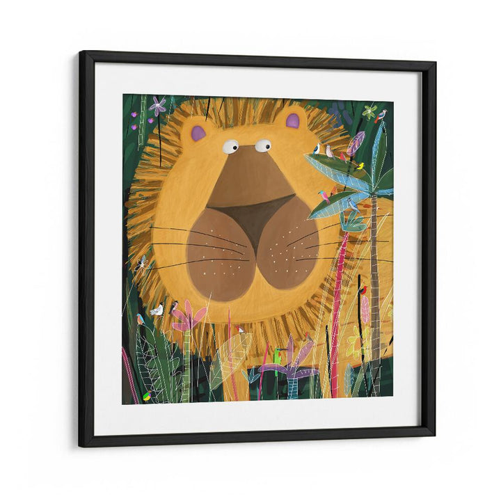 Large Lion Peeks Out Of The Jungle Foliage By Carla Daly Kids Room Art in Black Frame With Mount