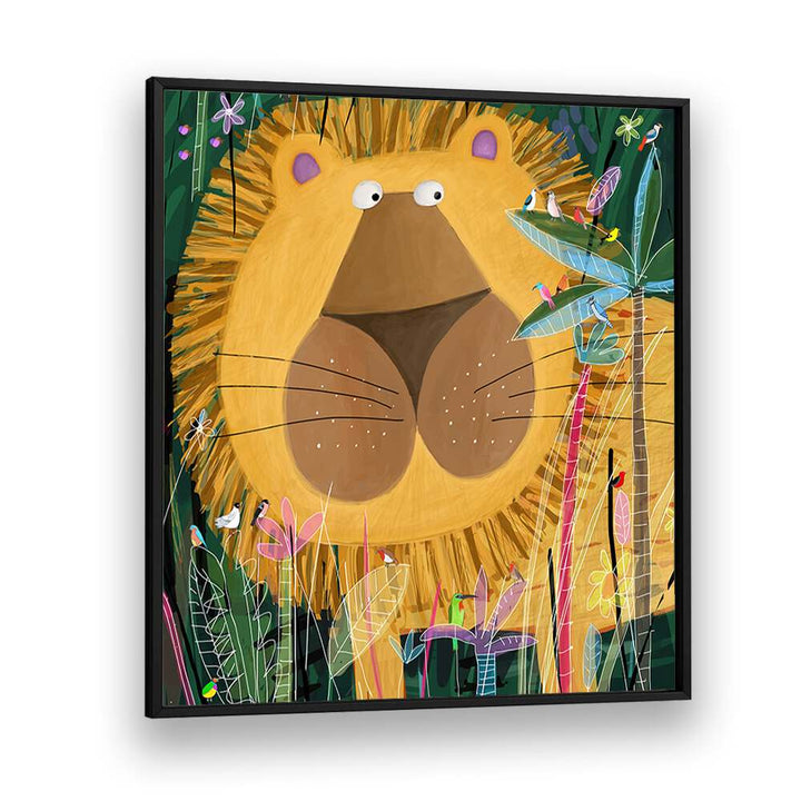 Large Lion Peeks Out Of The Jungle Foliage By Carla Daly Kids Room Art in Black Plain Frame