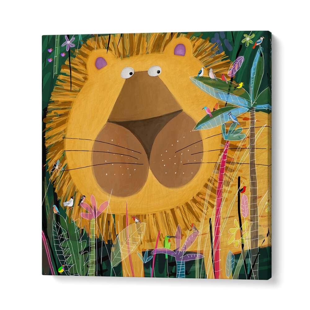 Large Lion Peeks Out Of The Jungle Foliage By Carla Daly Kids Room Art in Gallery Wrap