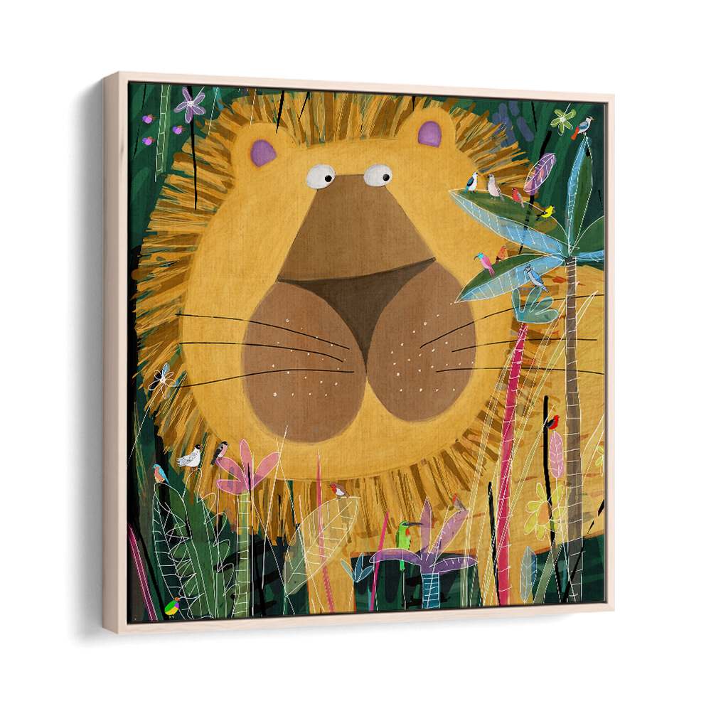 Large Lion Peeks Out Of The Jungle Foliage By Carla Daly Kids Room Art in Oak Wood Floater Frame